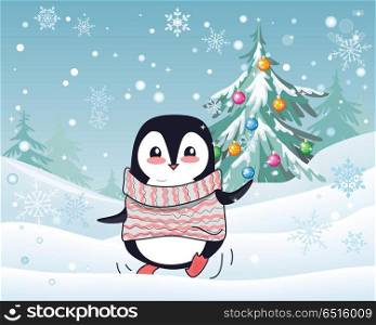Christmas penguin vector illustration. Flat design. Funny penguin warn sweater dancing on snow in snowfall near christmas tree hung with color ball toys. Winter holidays mood. For greeting card design. Christmas Penguin Flat Design Vector Illustration . Christmas Penguin Flat Design Vector Illustration