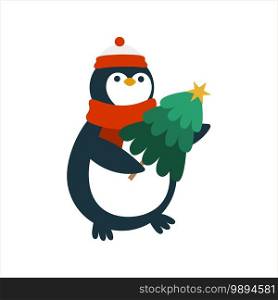 Christmas penguin with tree isolated on white background. Flat vector illustration in cartoon style.