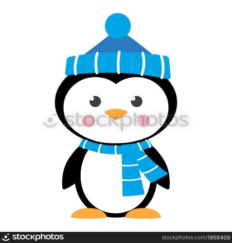 Christmas Penguins. Cute baby penguin in winter outfit vector illustration.