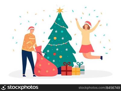 Christmas people celebrating christmas near decorated tree. Female and male characters jumping and opening bag with gifts. Cartoon happy couple with Santa hats under confetti vector. Christmas people celebrating christmas near decorated tree. Female and male characters jumping and opening gifts