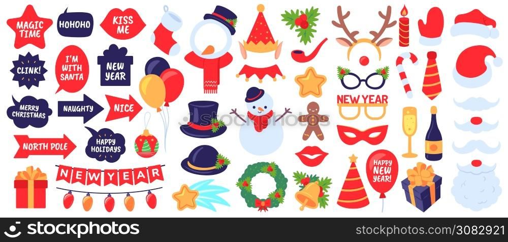 Christmas photo booth props. New year party, holiday decorative elements. Masks, hats and beard, snowman, gifts, stocking vector set. Christmas booth, beard and mustache, snowflake illustration. Christmas photo booth props. New year party, holiday decorative elements. Masks, hats and beard, snowman, gifts, stocking decor vector set