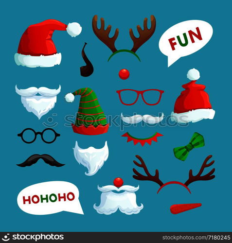 Christmas photo booth. Santa hats, mustache, beard and reindeer antlers xmas props vector collection. Santa hat and xmas booth reindeer antlers and mustache claus illustration. Christmas photo booth. Santa hats, mustache, beard and reindeer antlers xmas props vector collection