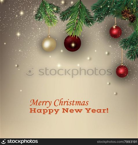 Christmas picture with fir branches and Christmas decorations. Christmas picture. Vector illustration
