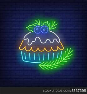 Christmas pie neon sign. Blueberry, mistletoe, bakery. Vector illustration in neon style for topics like Xmas, dessert, traditional dinner