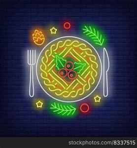 Christmas pie neon sign. Glowing neon cake, flatware. New year, Christmas, winter. Vector illustration in neon style for greeting card, invitation, announcement