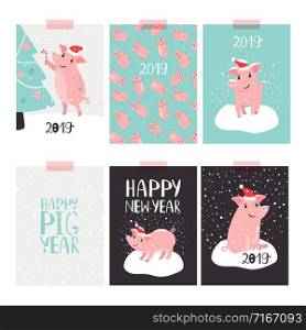 Christmas pig 2019 cards. Happy new year greeting cards with pigs in Santa Claus hat vector illustration, cute pink xmas posters. Christmas pig 2019 cards