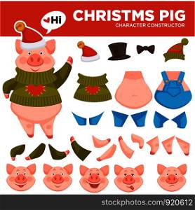 Christmas pig character construction, emoticons and clothes choice vector. Winter animal wearing hat of Santa Claus and knitted warm sweater with heart print. Happy piglet face with smile and surprise. Christmas pig character construction, emoticons and clothes choice
