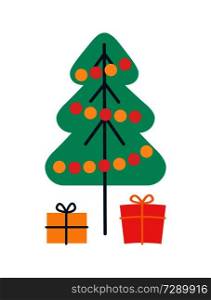 Christmas pine tree and gifts, evergreen plant decorated with balls and garlands of different colors, presents below isolated on vector illustration. Christmas Pine Tree and Gifts Vector Illustration