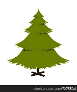 Christmas pine tree, poster with symbolic decoration during wintertime holidays, plant standing on stand, vector illustration isolated on white. Christmas Pine Tree Poster Vector Illustration