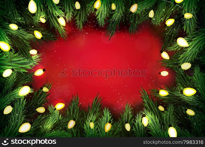 Christmas pine wreath with lights on festive red background