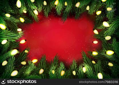 Christmas pine wreath with lights on festive red background
