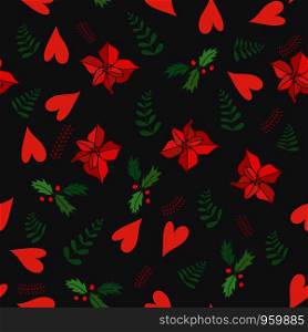 Christmas plant seamless pattern on black background. For fabric, paper, wrapping paper, background. Vector illustration.. Christmas plant seamless pattern.