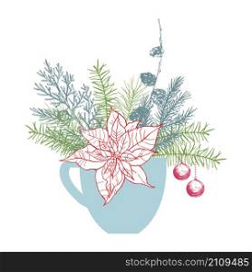 Christmas plants in cup. Vector hand-drawn illustration.. Christmas plants set. Christmas plants in cup.