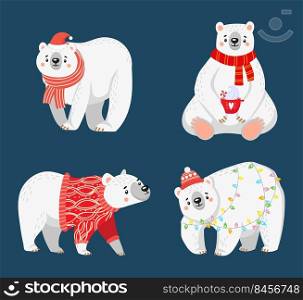 Christmas polar bears. Cute characters wearing winter holiday sweaters, Santa hats and scarfs. Arctic animals holding cup with hot cocoa, cartoon furry bear in garland isolated vector set. Christmas polar bears. Cute characters wearing winter holiday sweaters, Santa hats and scarfs. Arctic animals