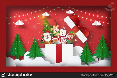 Christmas postcard banner background, Santa Claus and friends in gift box