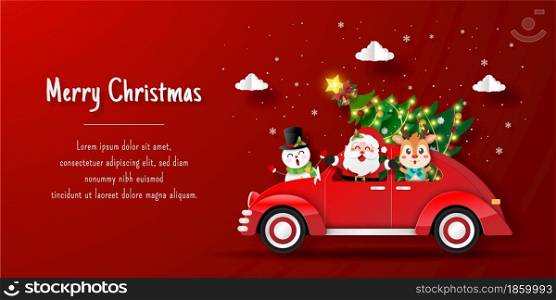 Christmas postcard banner of Santa Claus and friends on Xmas car