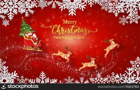 Christmas postcard banner of Santa Claus and reindeer with sleigh