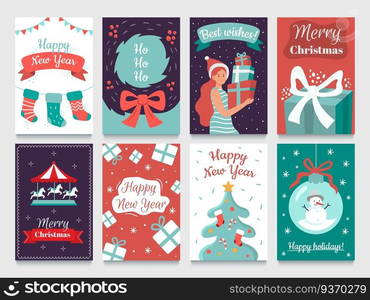 Christmas postcard. Garlands on xmas tree, Happy New year postcards and december winter holidays cards. 2020 christmas party invitation poster or greeting card isolated vector bundle. Christmas postcard. Garlands on xmas tree, Happy New year postcards and december winter holidays cards vector bundle