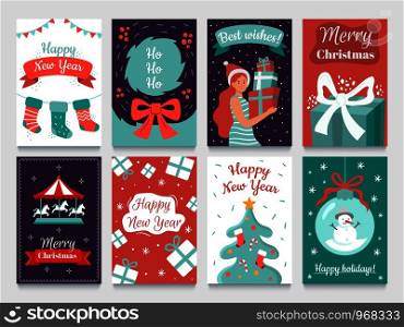 Christmas postcard. Garlands on xmas tree, Happy New year postcards and december winter holidays cards. 2020 christmas party invitation poster or greeting card isolated vector bundle. Christmas postcard. Garlands on xmas tree, Happy New year postcards and december winter holidays cards vector bundle