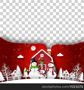 Christmas postcard of Christmas red house with snowman, Blank space for your text or photo