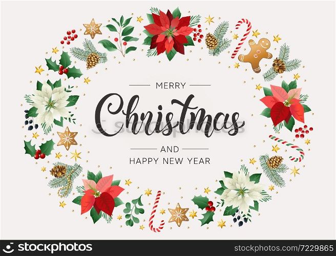 Christmas postcard with Calligraphic Season Wishes and Composition of Festive Elements such as Cookies, Candies, Berries, Christmas Tree Decorations. Vector illustration.. Christmas postcard with Calligraphic Season Wishes and Composition of Festive Elements such as Cookies, Candies, Berries, Christmas Tree Decorations.