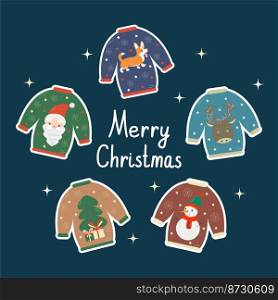 Christmas postcard with cute ugly sweaters with Christmas symbols and Merry Christmas lettering. Christmas postcard with different cartoon ugly sweaters. Cute Christmas sweaters concept in flat style. Vector ugly sweaters party invitation.
