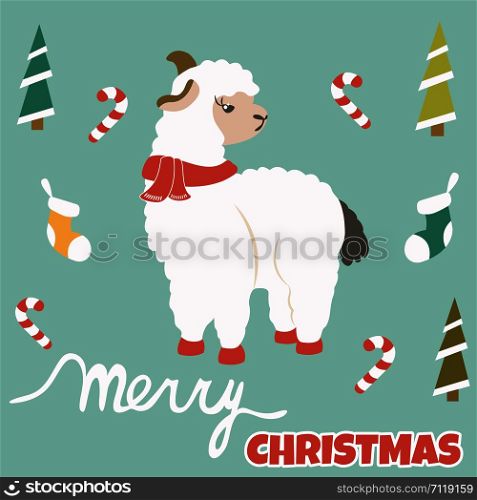 Christmas postcard with holiday lama and elements.. Christmas postcard with holiday lama and elements