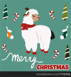 Christmas postcard with holiday lama and elements.. Christmas postcard with holiday lama and elements