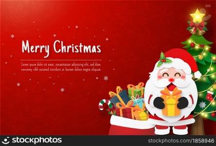 Christmas postcard with Santa Claus and Christmas tree