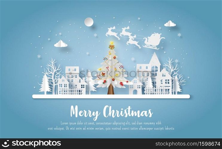 Christmas postcard with Santa Claus and reindeer coming to town