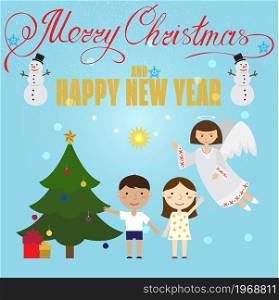 Christmas poster design with Angel, children,snowman, Christmas tree and christmas presents. Christmas greeting card. Vector illustration.