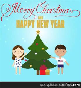 Christmas poster design with Children and Christmas Tree. Christmas greeting card. Vector illustration.