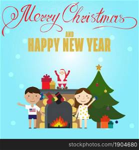 Christmas poster design with Children, Christmas Tree and fireplace. Christmas greeting card. Vector illustration.