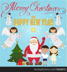 Christmas poster design with Santa Claus, Angel, children,snowman, Christmas tree and christmas presents. Christmas greeting card. Vector illustration.