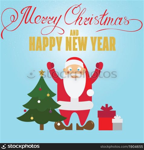 Christmas poster design with Santa Claus, christmass tree and Christmas presents. Christmas greeting card. Vector illustration.