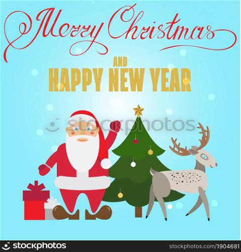 Christmas poster design with Santa Claus, deer, Christmas tree and christmas presents. Christmas greeting card. Vector illustration.