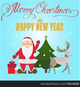 Christmas poster design with Santa Claus, deer, Christmas tree and christmas presents. Christmas greeting card. Vector illustration.