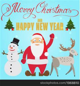 Christmas poster design with Santa Claus, deer, snowman, Christmas tree and christmas presents. Christmas greeting card. Vector illustration.
