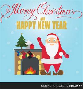 Christmas poster design with Santa Claus, fireplace, christmass tree and christmas presents. Christmas greeting card. Vector illustration.