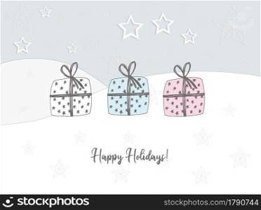 Christmas poster horizontal. Caption: happy holidays. Gift in the snow. Greeting card. Pastel delicate colors.. Christmas poster horizontal. Caption: happy holidays. Gift in the snow. Greeting card. Pastel delicate colors