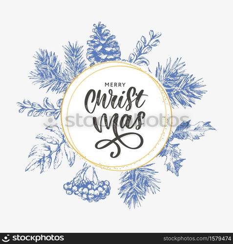 Christmas Poster - Illustration. Vector illustration of Christmas Background with branches of christmas tree.. Christmas Poster - Illustration. Lettering Vector illustration of Christmas Frame with branches of christmas tree.