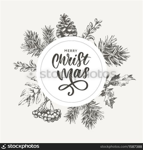 Christmas Poster - Illustration. Vector illustration of Christmas Background with branches of christmas tree.. Christmas Poster - Illustration. Lettering Vector illustration of Christmas Frame with branches of christmas tree.