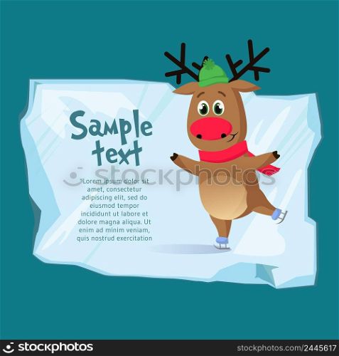 Christmas poster template. Cute skating reindeer with s&le text on piece of ice on blue background. Illustration can be used for banners, flyers, greeting card design. Christmas poster template. Cute skating reindeer