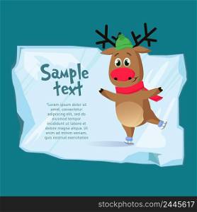 Christmas poster template. Cute skating reindeer with s&le text on piece of ice on blue background. Illustration can be used for banners, flyers, greeting card design. Christmas poster template. Cute skating reindeer