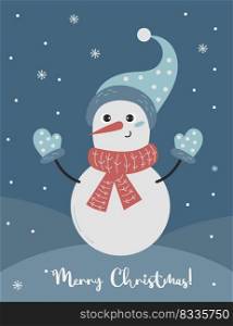 Christmas poster with cute cartoon character Snowman in knitted clothes on snowy background. Vector vertical illustration greeting card Merry Christmas