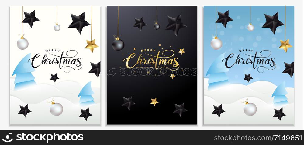 Christmas posters, invitations, cards or flyers set. Holiday banners with metallic gold lettering, black stars, christmas balls, snow, tinsel and confetti. Winter festive decoration. Vector eps10