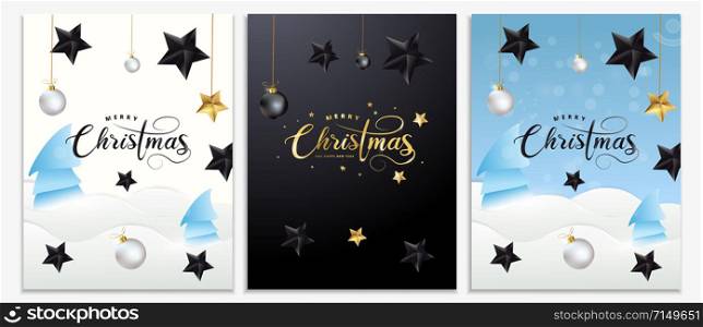 Christmas posters, invitations, cards or flyers set. Holiday banners with metallic gold lettering, black stars, christmas balls, snow, tinsel and confetti. Winter festive decoration. Vector eps10