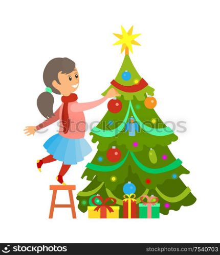 Christmas preparation, girl decorating pine tree vector. Female kid reaching top of fir, shiny star on top. Winter holidays, spruce and presents gifts. Christmas Preparation, Girl Decorating Pine Tree