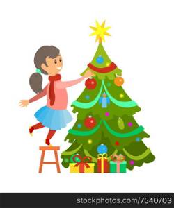 Christmas preparation, girl decorating pine tree vector. Female kid reaching top of fir, shiny star on top. Winter holidays, spruce and presents gifts. Christmas Preparation, Girl Decorating Pine Tree