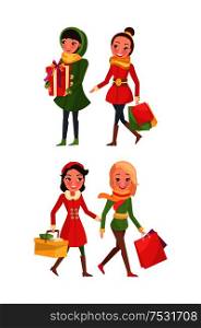 Christmas preparation, shoppers with paper bags vector. Winter holidays approaching, female friends shopping for presents. People with packages gifts. Christmas Preparation, Shoppers with Paper Bags